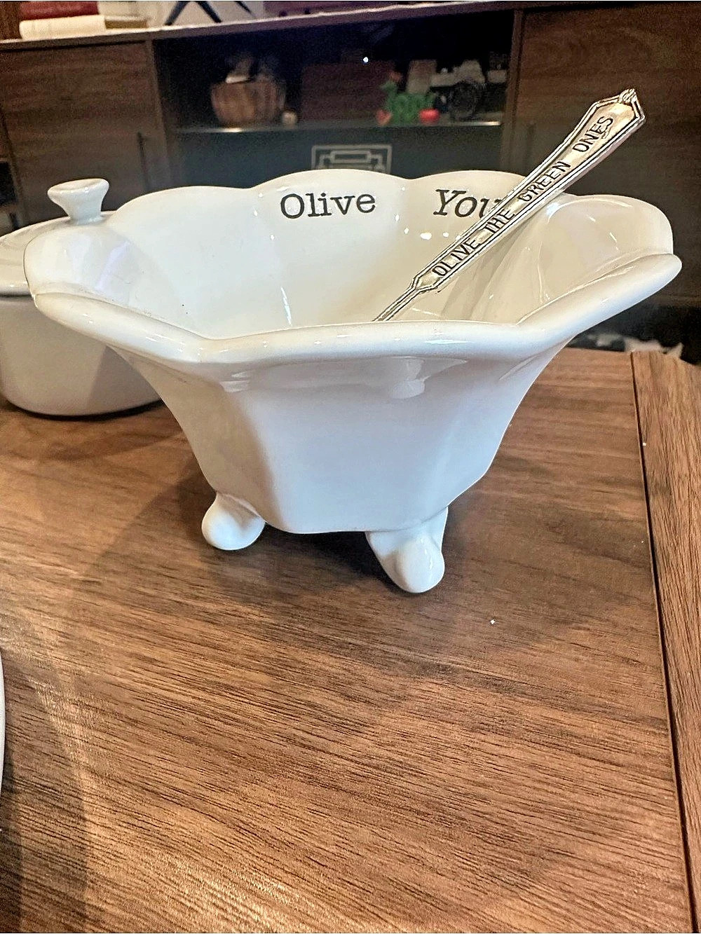 Mud Pie Olive You Condiment Bowl Set with Spoon White & Green